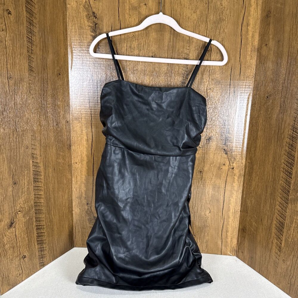 Lulus Black Faux Leather Ruched Bodycon Mini Dress NWT Night Out Party